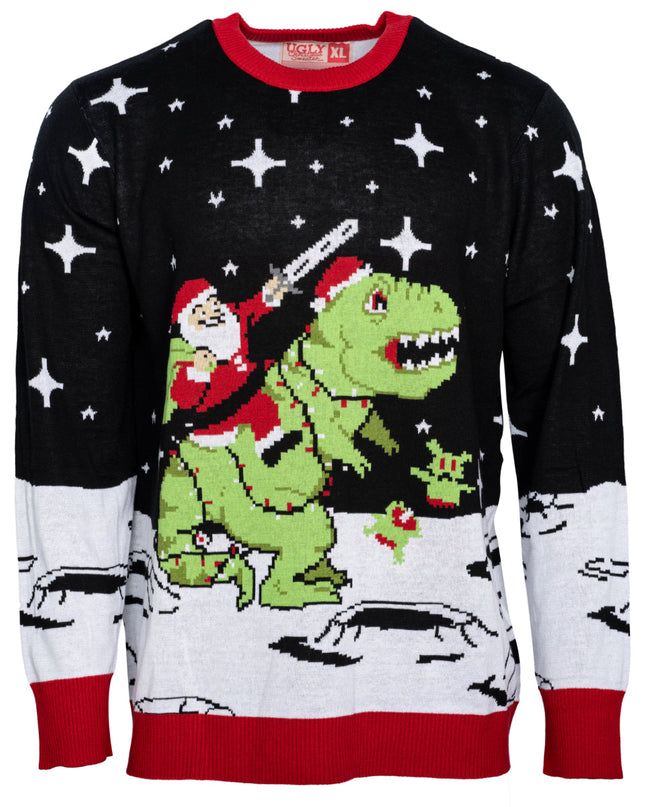 Pull de Noël moche avec le Père Noël chevauchant un T-Rex