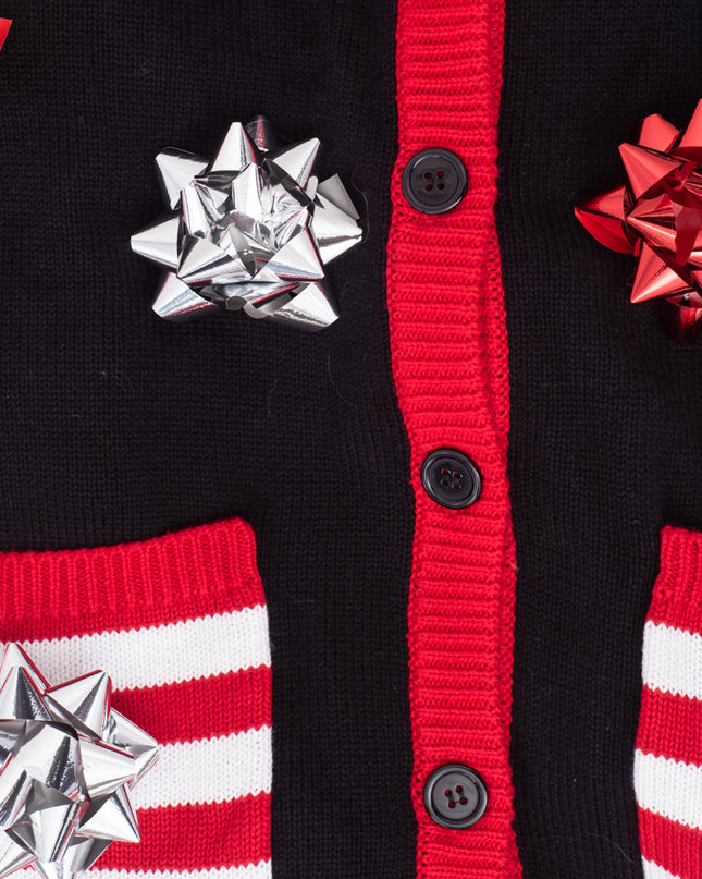 Pull de Noël moche, emballage cadeau, nœud, cardigan