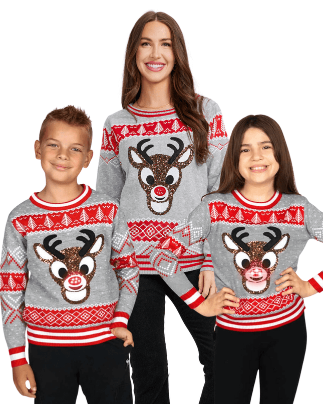 Matching Sequin Rudolph Family Christmas Sweaters