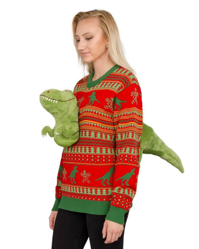 Pull de Noël moche en peluche T-Rex 3D pour femmes