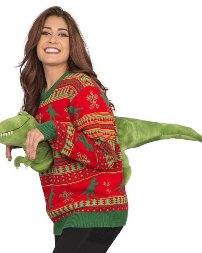 Pull de Noël moche en peluche T-Rex 3D pour femmes