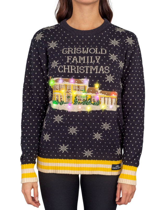 Pull de Noël moche pour femme, motif famille Griswold, avec lumières LED