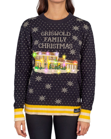 Pull de Noël moche pour femme, motif famille Griswold, avec lumières LED