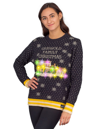 Pull de Noël moche pour femme, motif famille Griswold, avec lumières LED