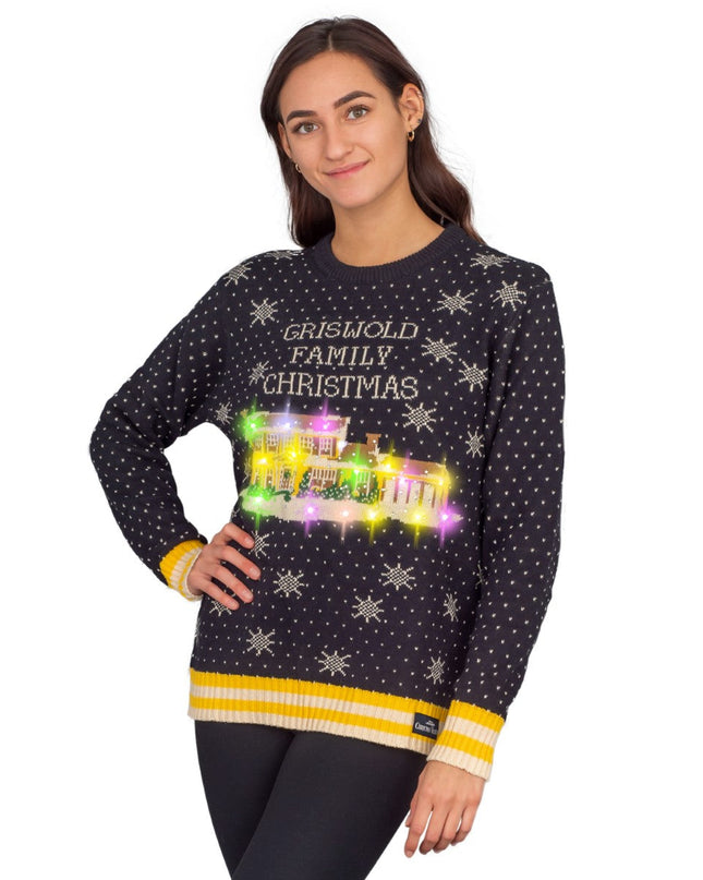 Pull de Noël moche pour femme, motif famille Griswold, avec lumières LED