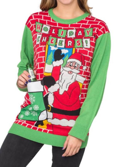 Pull de Noël moche pour femme avec Père Noël et porte-bière