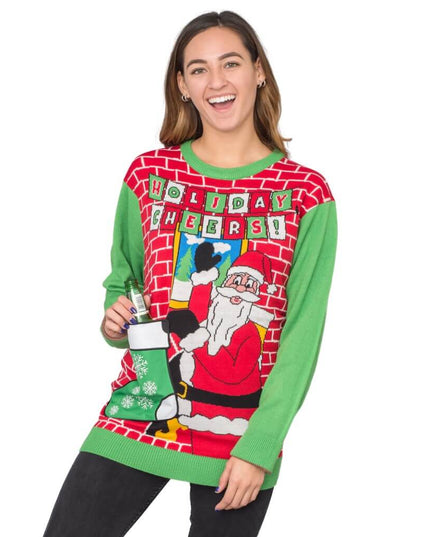 Pull de Noël moche pour femme avec Père Noël et porte-bière