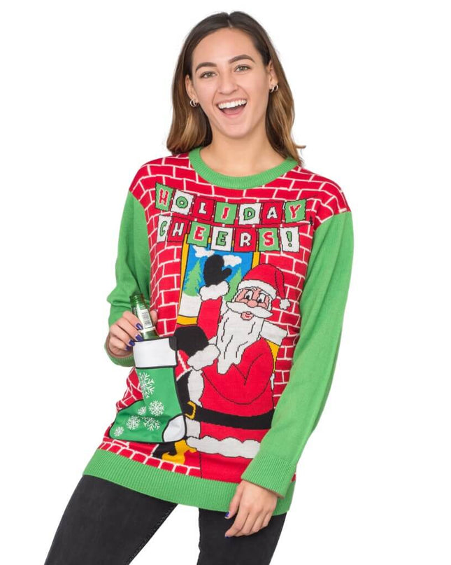 Pull de Noël moche pour femme avec Père Noël et porte-bière