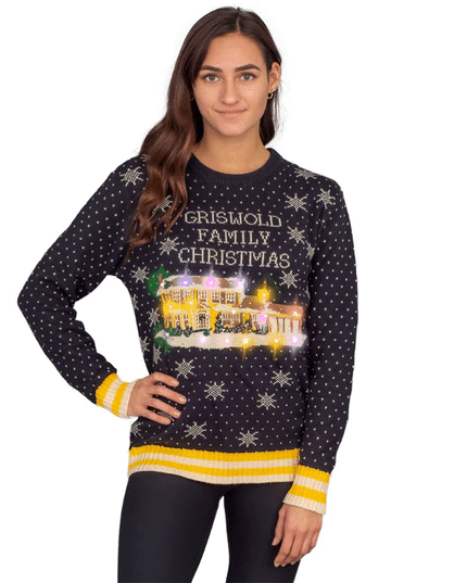 Pull de Noël moche pour femme, motif famille Griswold, avec lumières LED