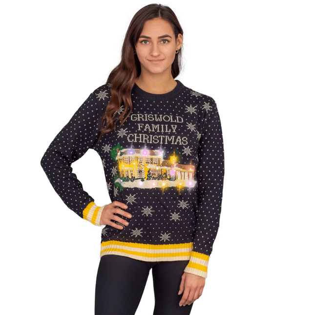 Pull de Noël moche pour femme, motif famille Griswold, avec lumières LED