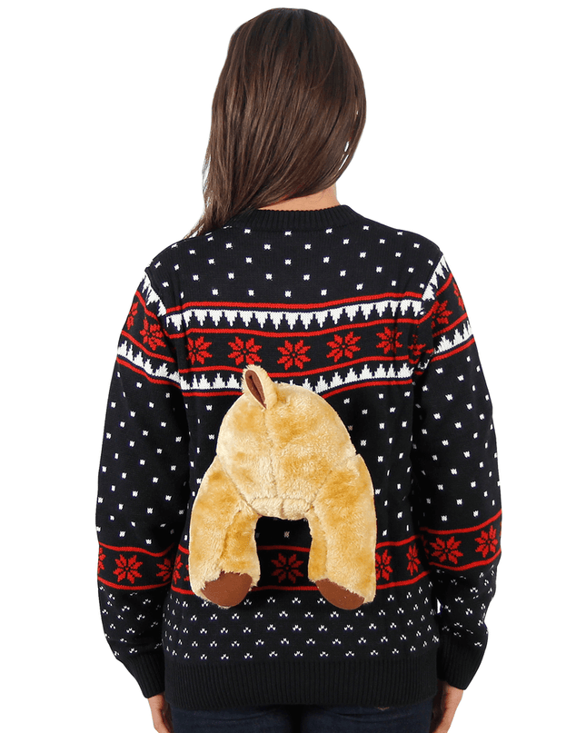 Pull de Noël moche noir à motif d'élan en 3D pour femme