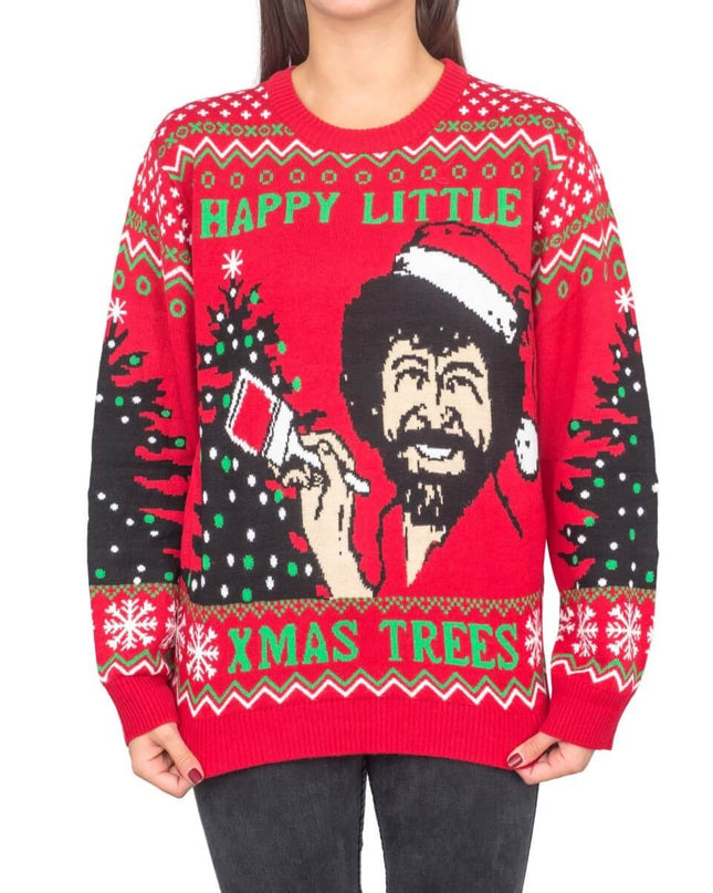 Pull de Noël moche Bob Ross Happy Little Trees pour femmes