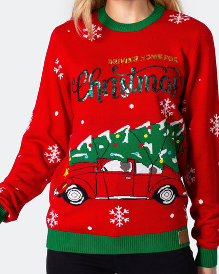 Pull de Noël pour femme rentrant chez elle en voiture pour Noël