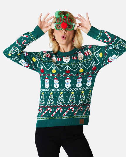 Pull de Noël vert rayé pour femme