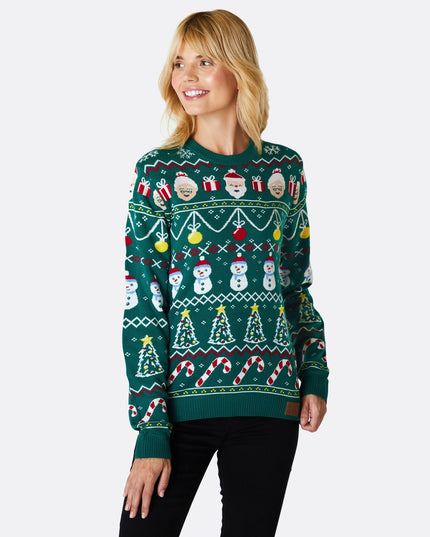 Pull de Noël vert rayé pour femme