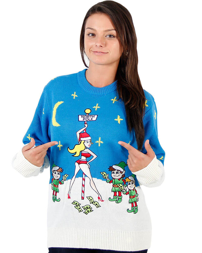 Pull de Noël moche pour femme, style strip-teaseuse