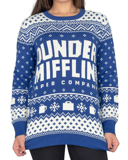 Pull de Noël bleu Dunder Mifflin pour femme, inspiré de la série The Office