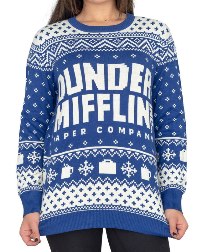 Pull de Noël bleu Dunder Mifflin pour femme, inspiré de la série The Office