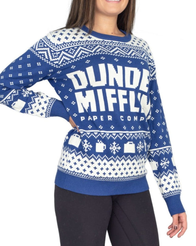 Pull de Noël bleu Dunder Mifflin pour femme, inspiré de la série The Office