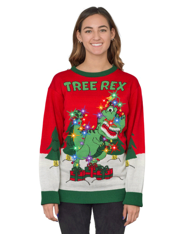 Women's Tree Rex Light Up T-Rex Ugly Christmas Sweater