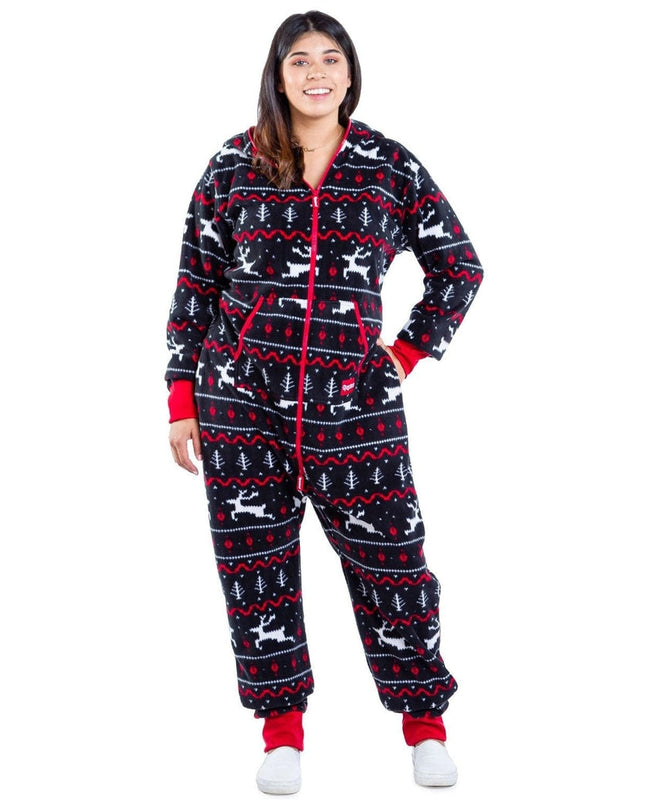 Women's Black and Red Fair Isle Plus Size Jumpsuit
