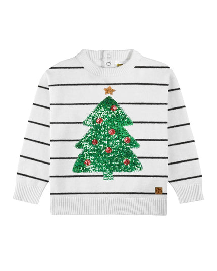 Toddler Girl's White Striped Tree Sweater