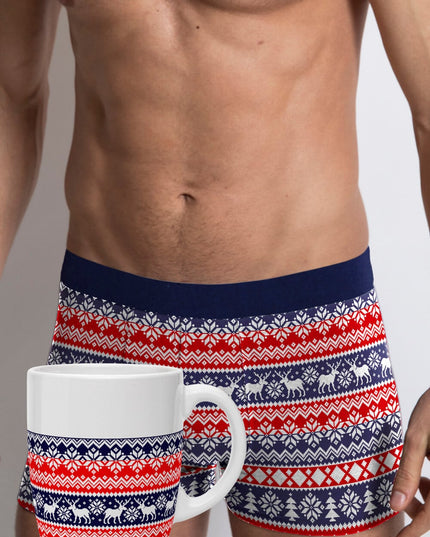 Boxer de Noël bleu et rouge pour homme avec motif de rennes + Mug de Noël