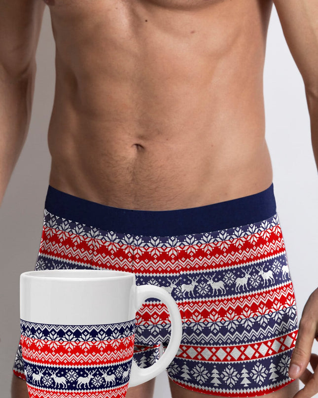 Boxer de Noël bleu et rouge pour homme avec motif de rennes + Mug de Noël