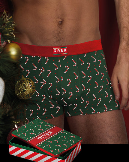 Boxer vert de Noël pour homme avec cannes de Noël + coffret cadeau