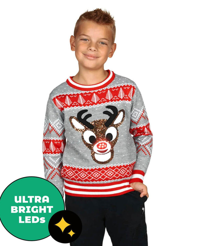 Boy's Sequin Rudolph Light Up Ugly Christmas Sweater