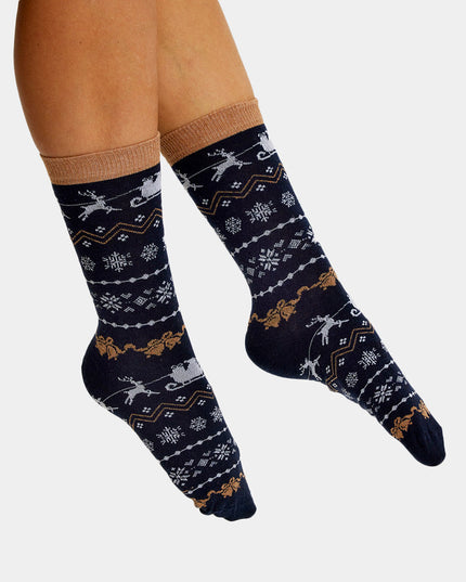 Unisex Christmas Socks - Blue with Reindeer and Snow