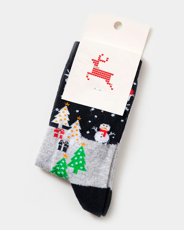 Chaussettes de Noël unisexes - Motif bonhomme de neige et sapins
