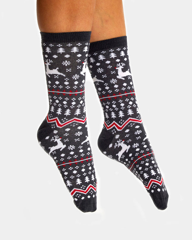 Chaussettes de Noël unisexes - Grises avec rennes et sapins
