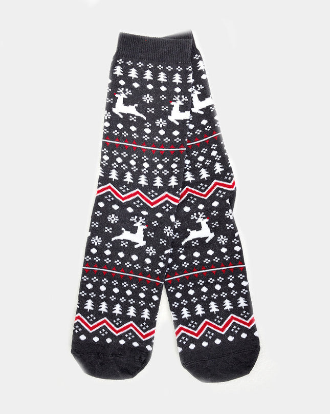Chaussettes de Noël unisexes - Grises avec rennes et sapins