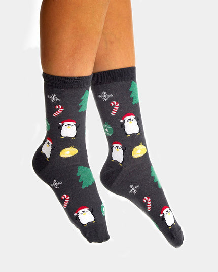 Chaussettes de Noël unisexes - Grises avec sapins et pingouins