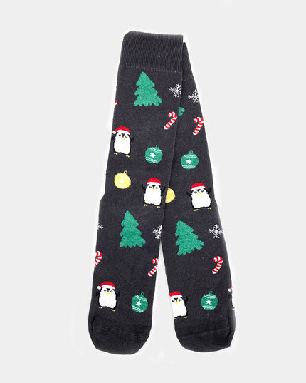 Chaussettes de Noël unisexes - Grises avec sapins et pingouins