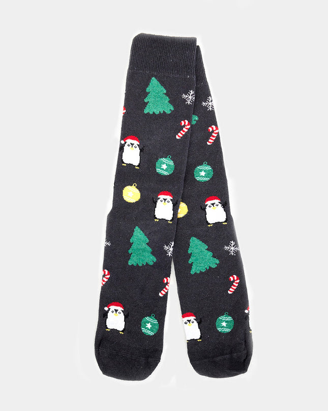 Chaussettes de Noël unisexes - Grises avec sapins et pingouins