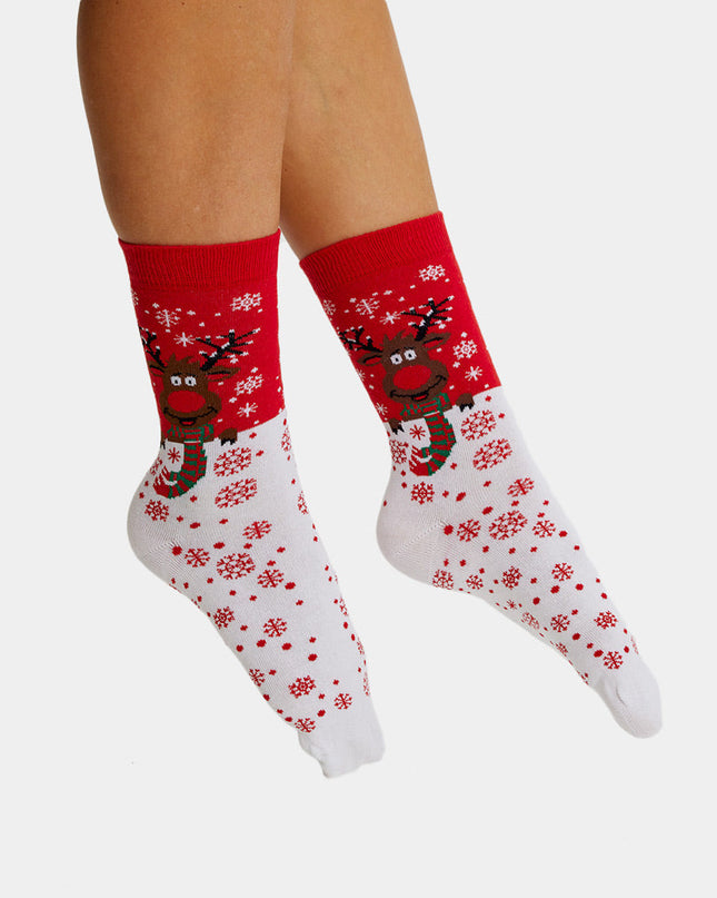 Chaussettes de Noël unisexes - Motif renne rouge et écharpe
