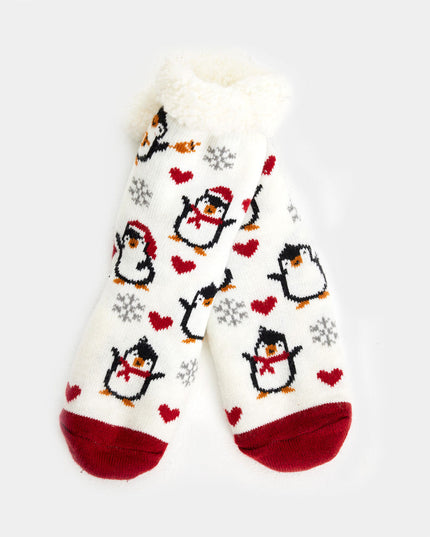 White Christmas Slipper Socks with Penguins and Hearts