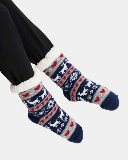 Chaussettes-chaussons de Noël bleues - Motif rennes et cœurs