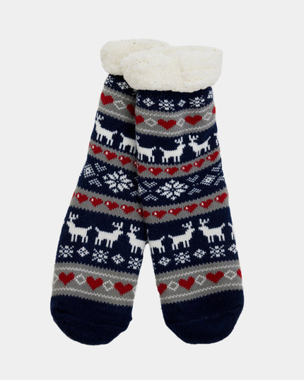 Chaussettes-chaussons de Noël bleues - Motif rennes et cœurs