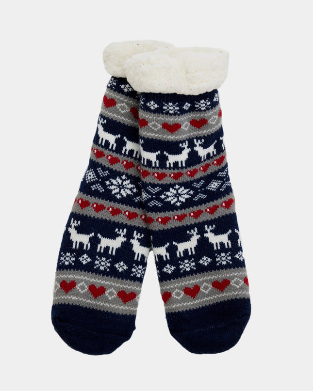 Chaussettes-chaussons de Noël bleues - Motif rennes et cœurs