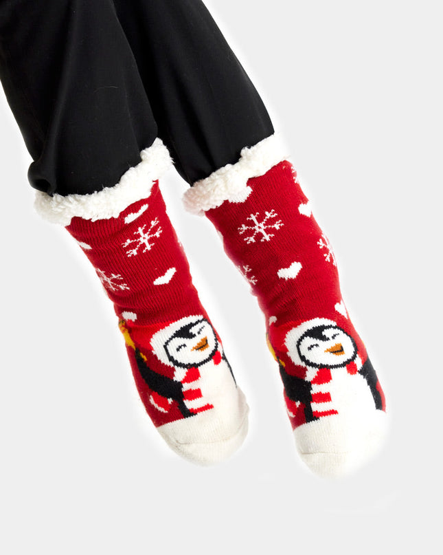 Chaussettes-chaussons de Noël rouges à motif pingouin