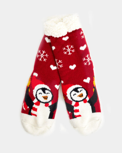 Chaussettes-chaussons de Noël rouges à motif pingouin