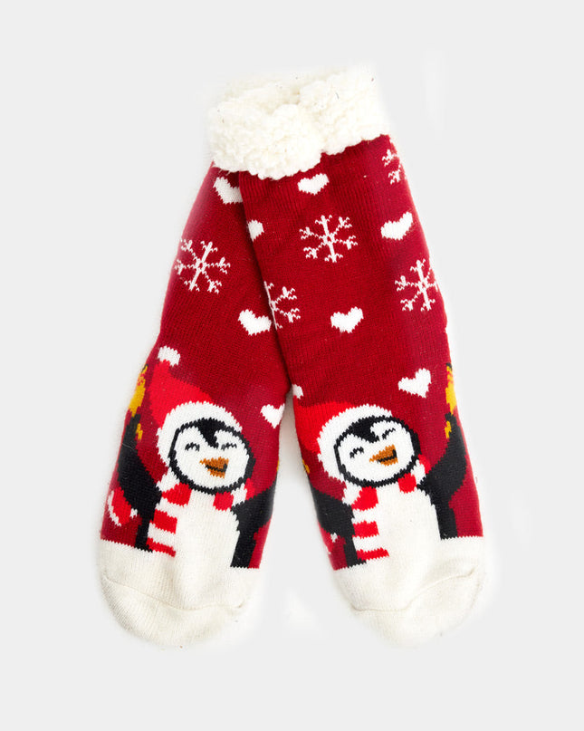 Chaussettes-chaussons de Noël rouges à motif pingouin