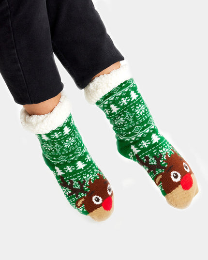 Chaussettes-chaussons de Noël vertes avec sapins et rennes