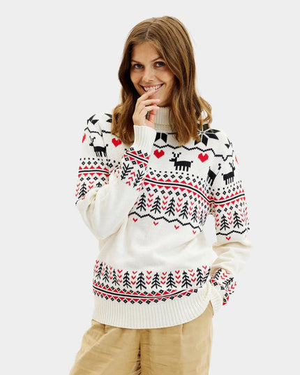 Women's Chic Beige Roll Neck Organic Cotton Christmas Sweater