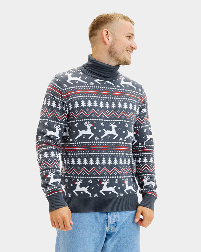 Gray Rolled Collar Christmas Sweater with Reindeer