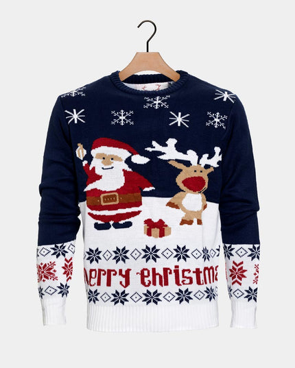Pull de Noël bleu en coton bio pour couples - Père Noël et Rudolph