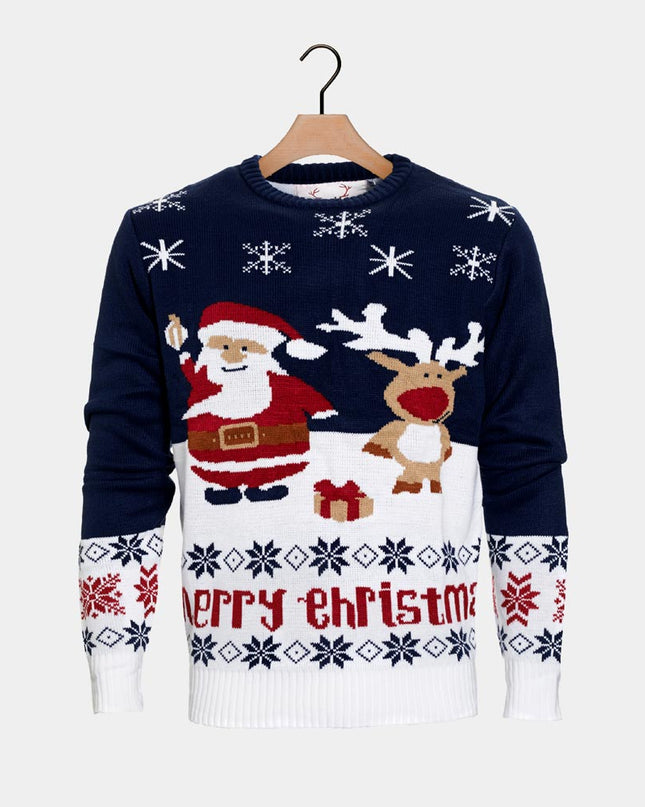 Pull de Noël bleu en coton bio pour couples - Père Noël et Rudolph